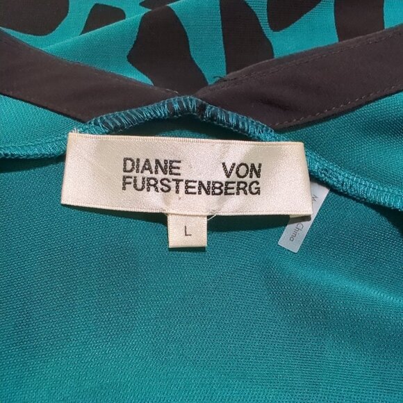 Diane Von Furstenberg Teal Black Animal Print Blouse V-Neck‎ Tie Waist L - Picture 11 of 15